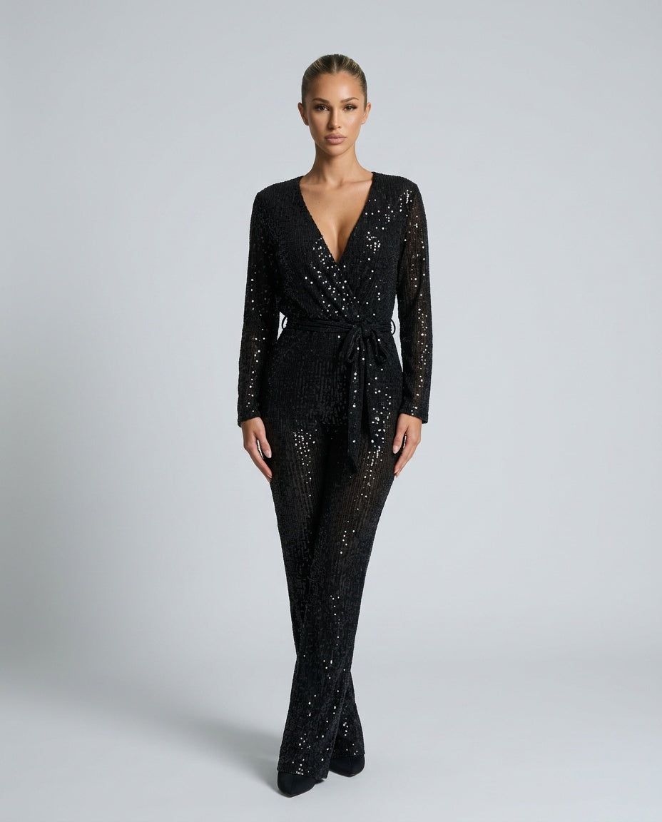 Aubrey | Long Sleeve Sequin Plunge Neck Jumpsuit