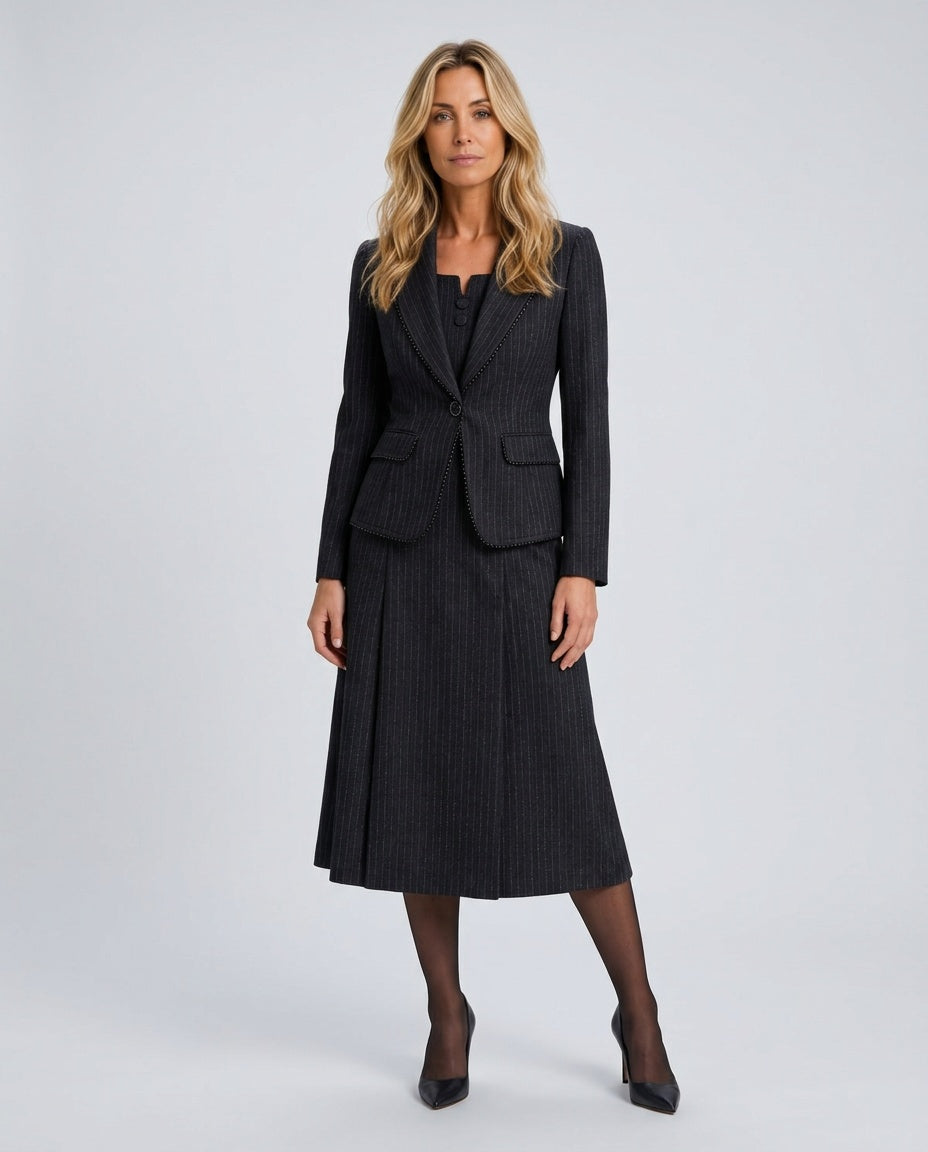 Greta | Pinstripe Beaded Lapel Blazer & Midi Dress Set