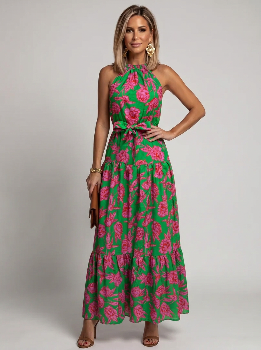 Rowen | Draped Halter Floral Midi Dress