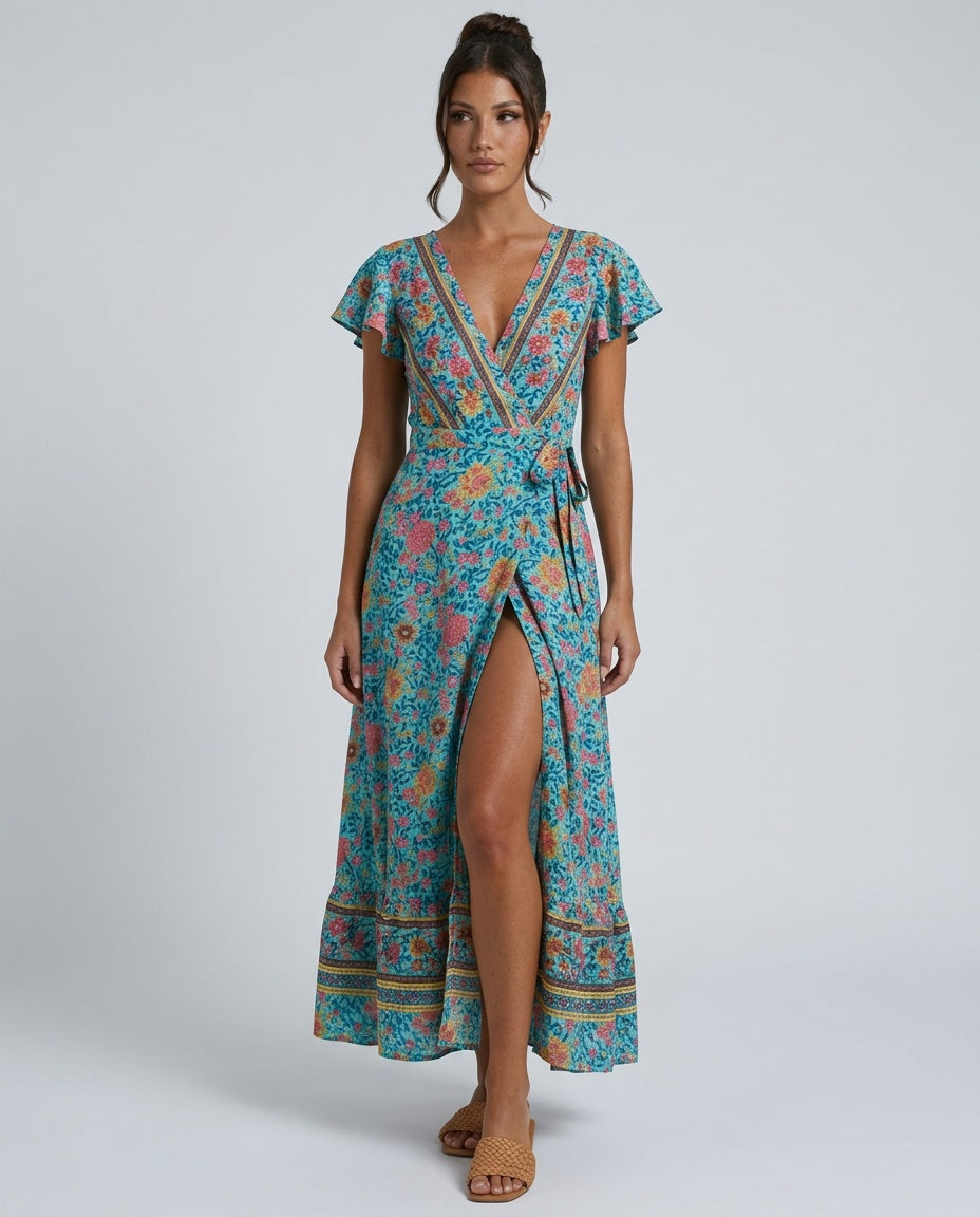Daniela | Flutter Sleeve Tiered Wrap Maxi Dress