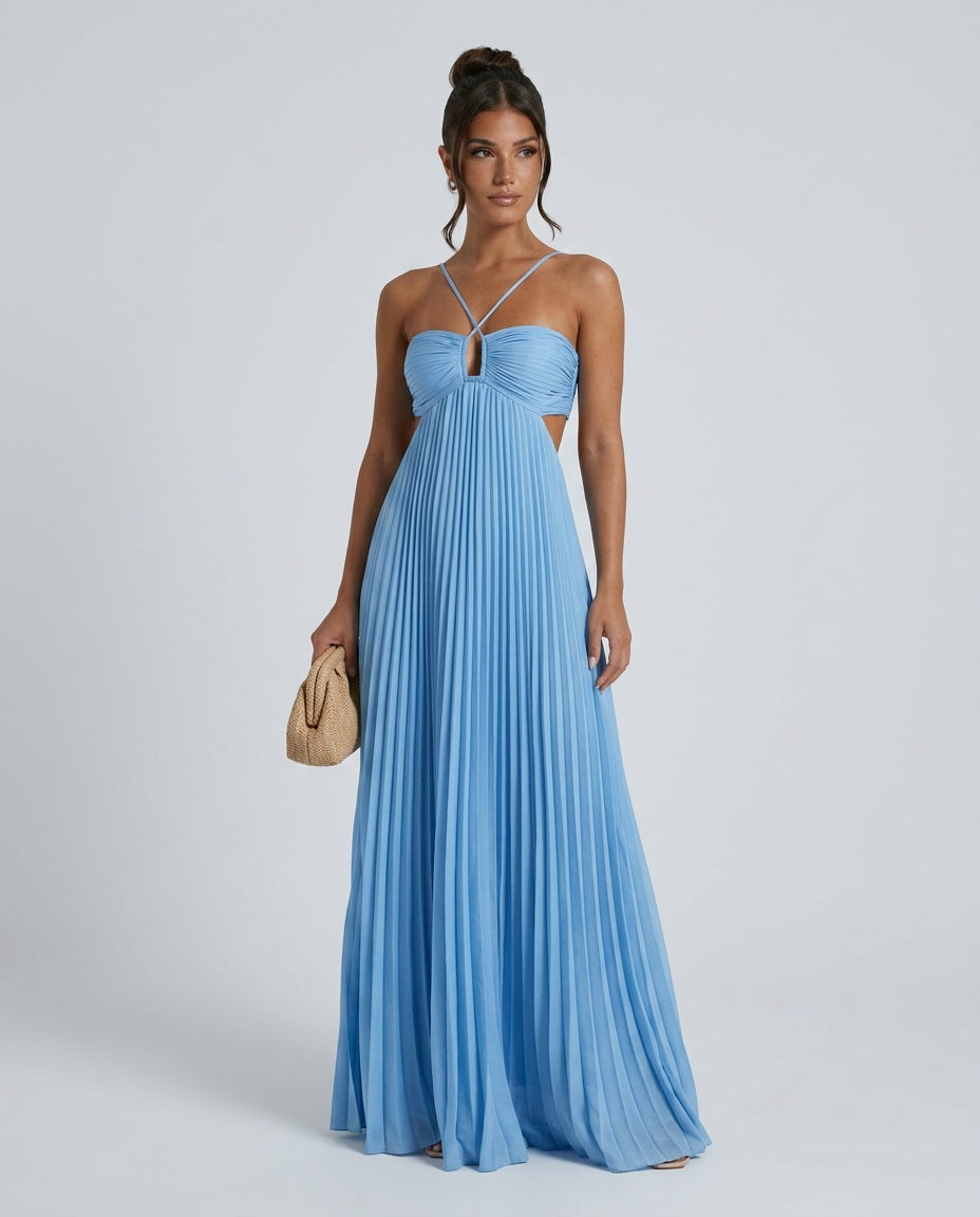 Women's Pleated Halter Open Back Maxi Dress