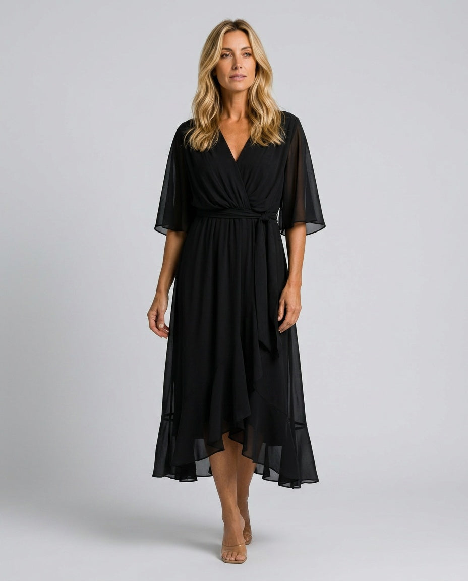 Delphine | V-Neck Draped Waist Tie Midi Dress