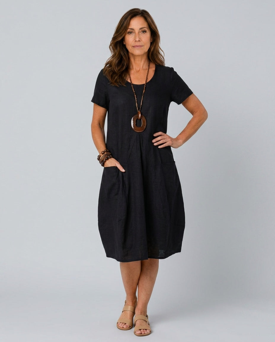 Dion | Short Sleeve Pleated Knee-Length Midi Dress