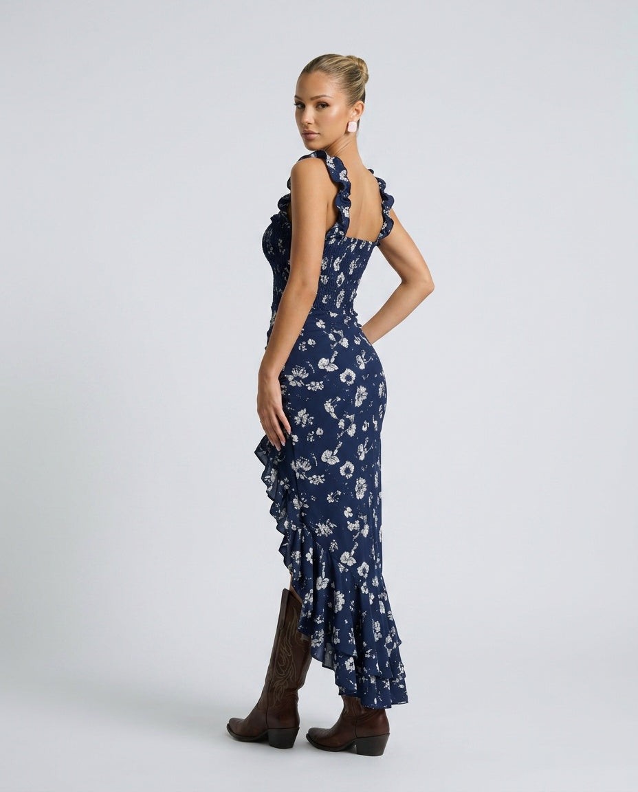 Belen | Boho Floral Ruched Side Slit Maxi Dress