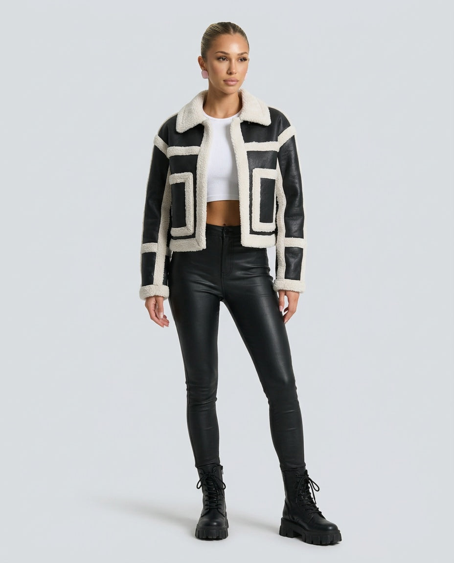 Noor | Cropped Geometric Panel Faux Fur Trim Jacket