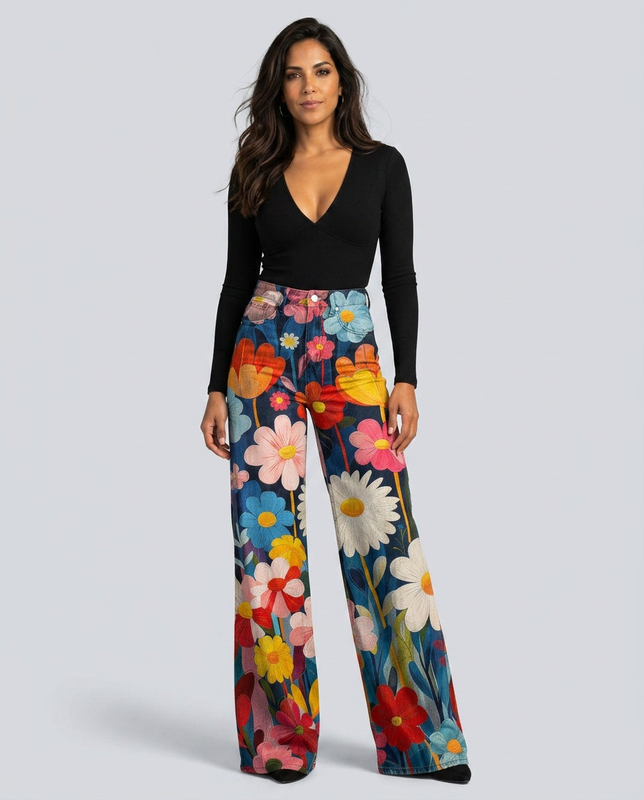 Elodie | High Waist Floral Print Wide-Leg Trousers