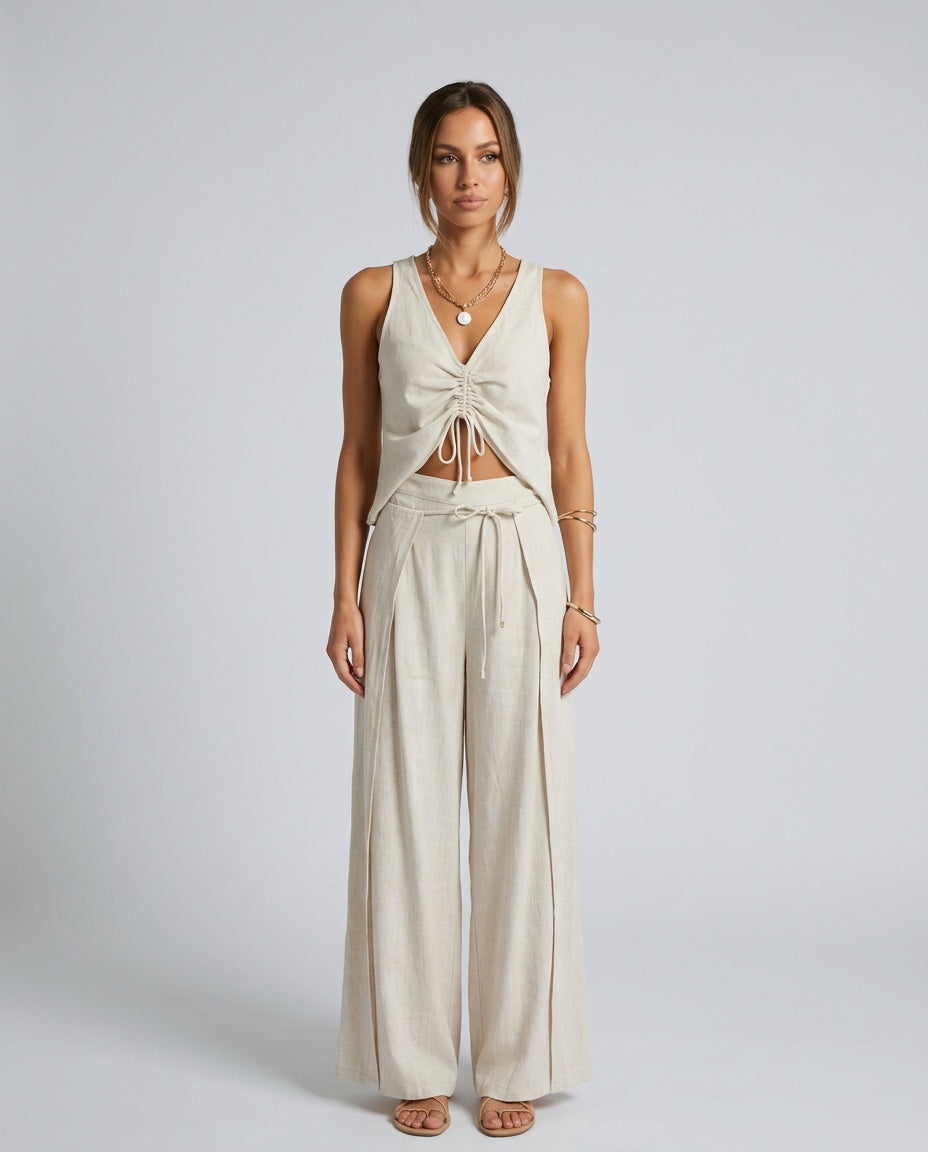 Pernille | Sleeveless V-Neck Crop Top & High Waist Trouser Co-ord Set