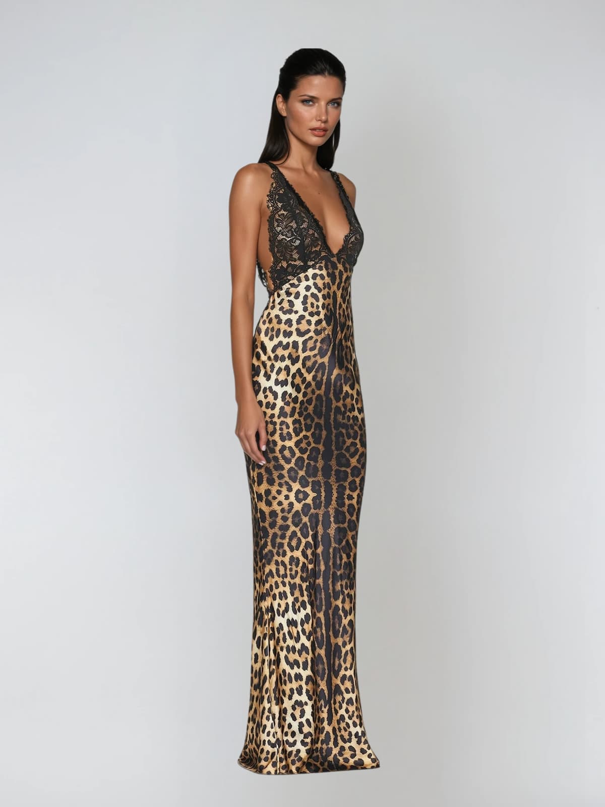 Ada | Halter Neck Lace Leopard Maxi Dress