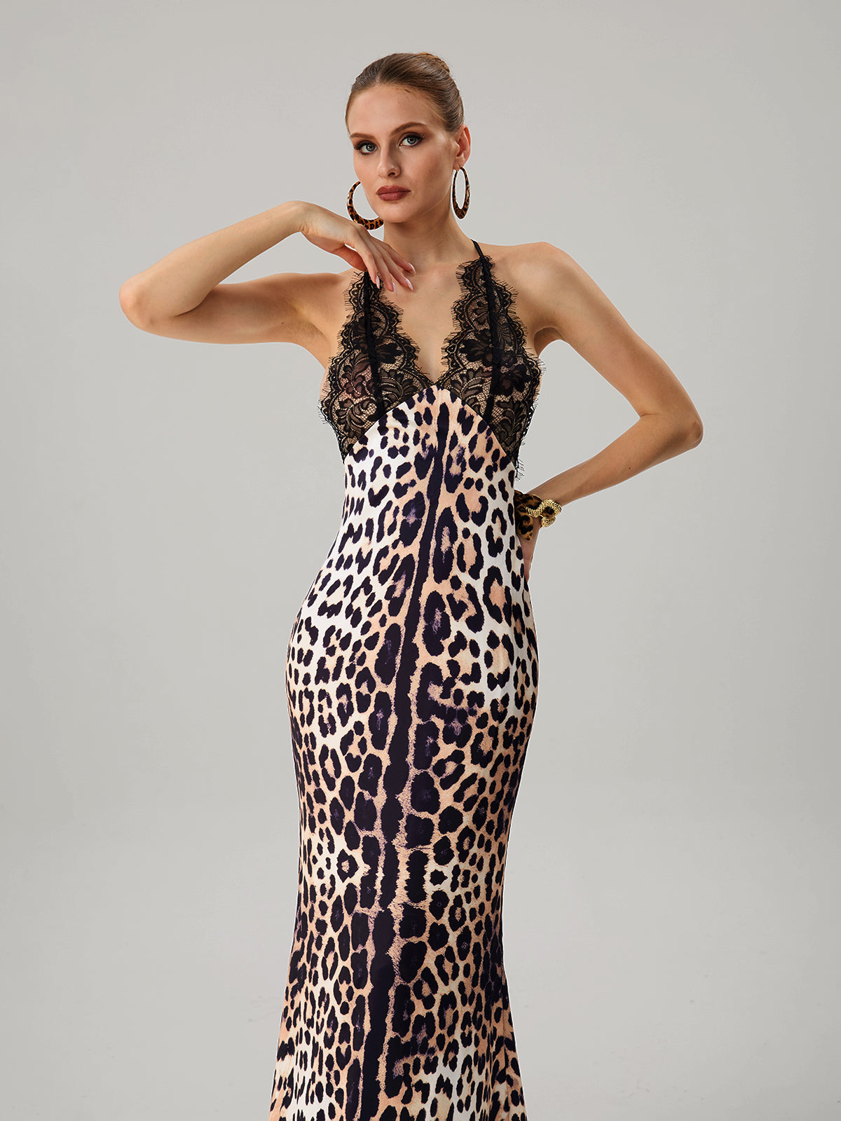 Ada | Halter Neck Lace Leopard Maxi Dress