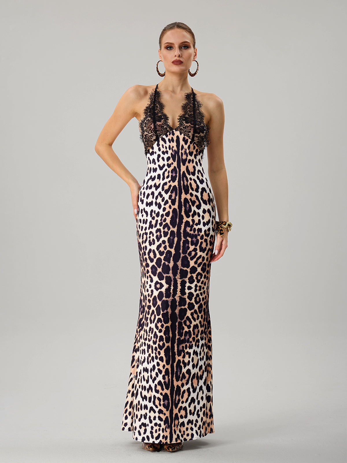 Ada | Halter Neck Lace Leopard Maxi Dress