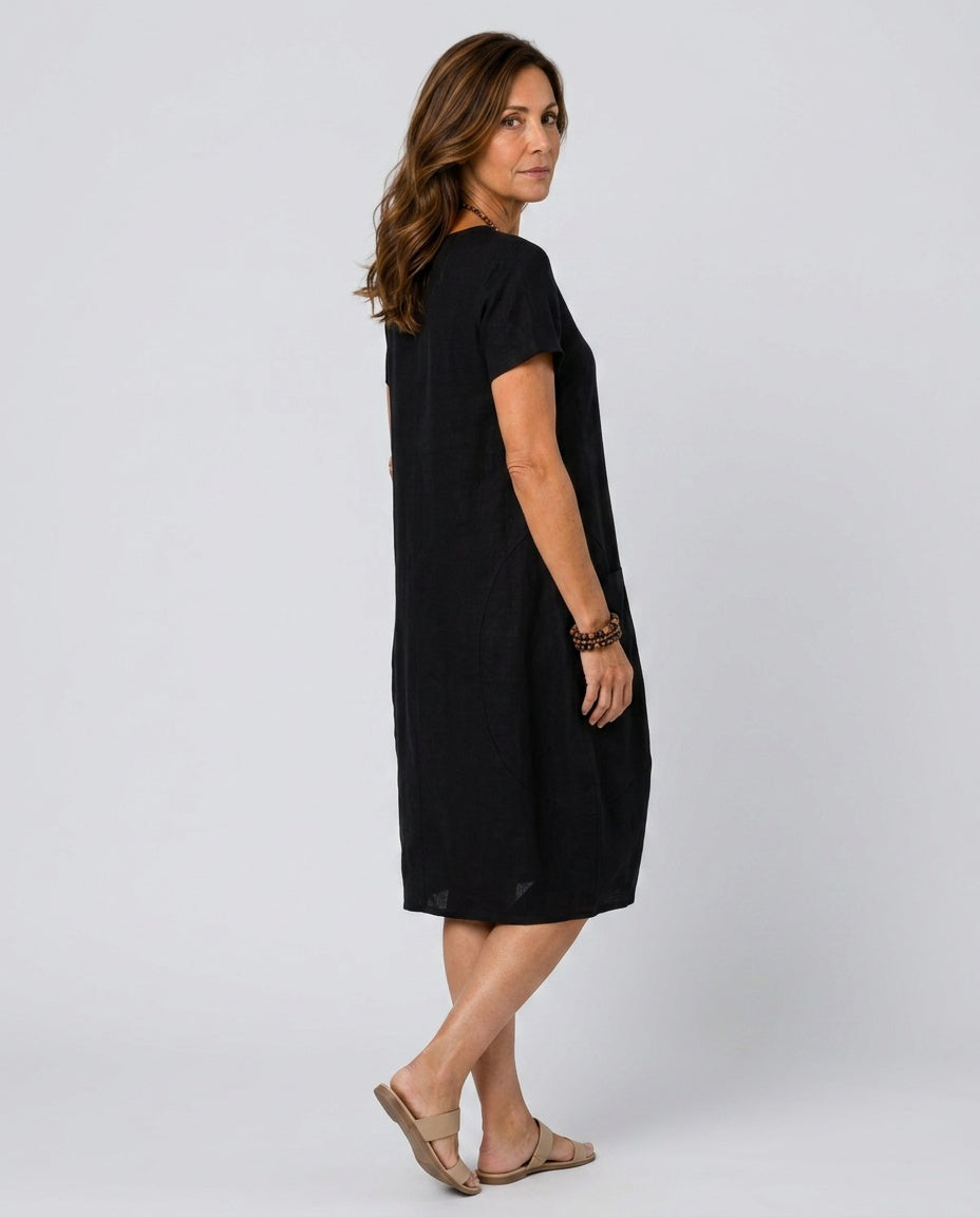 Dion | Short Sleeve Pleated Knee-Length Midi Dress