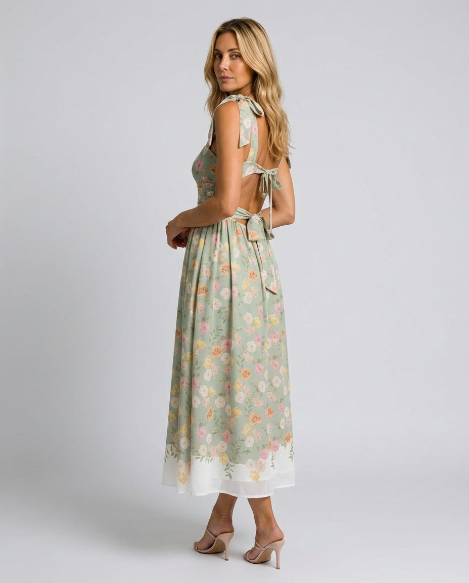 Adeline | Floral Tie Strap Square Neck Maxi Dress