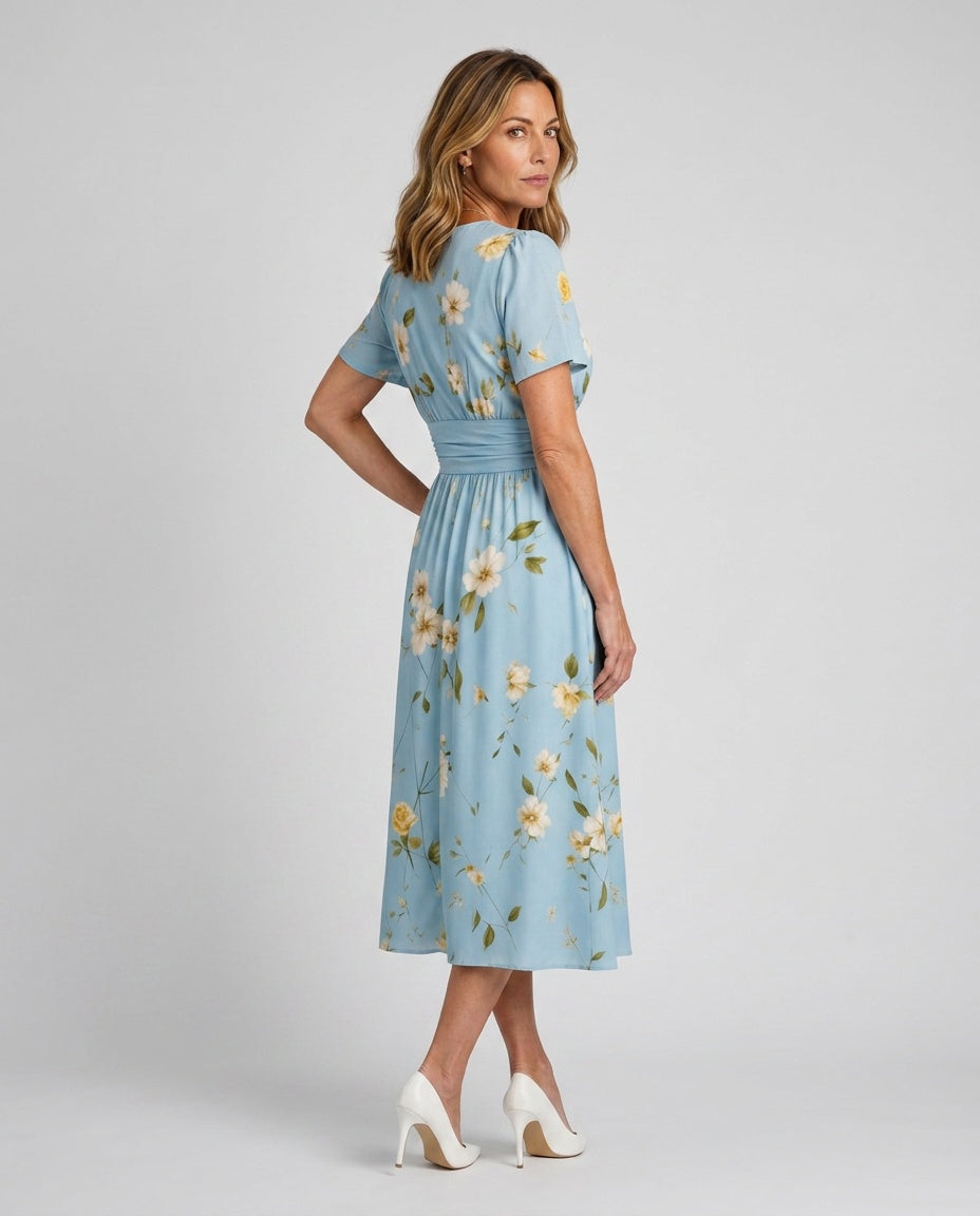 Jimena | Floral Print Short Sleeve V-Neck Midi Dress