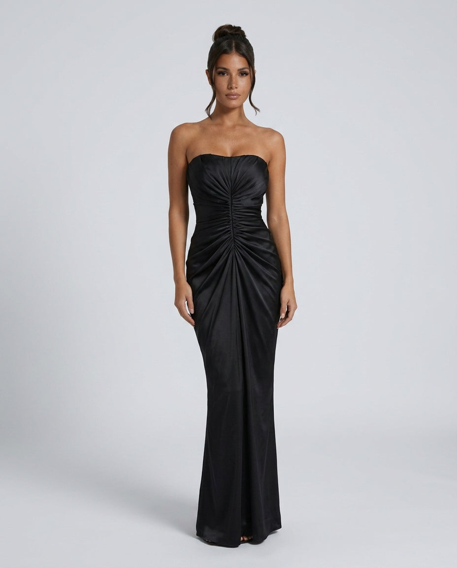 Camille | Strapless Ruched Satin-Look Maxi Dress