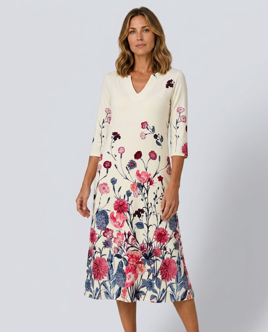 Ruby | V-Neck Three-Quarter Sleeve Midi Dress