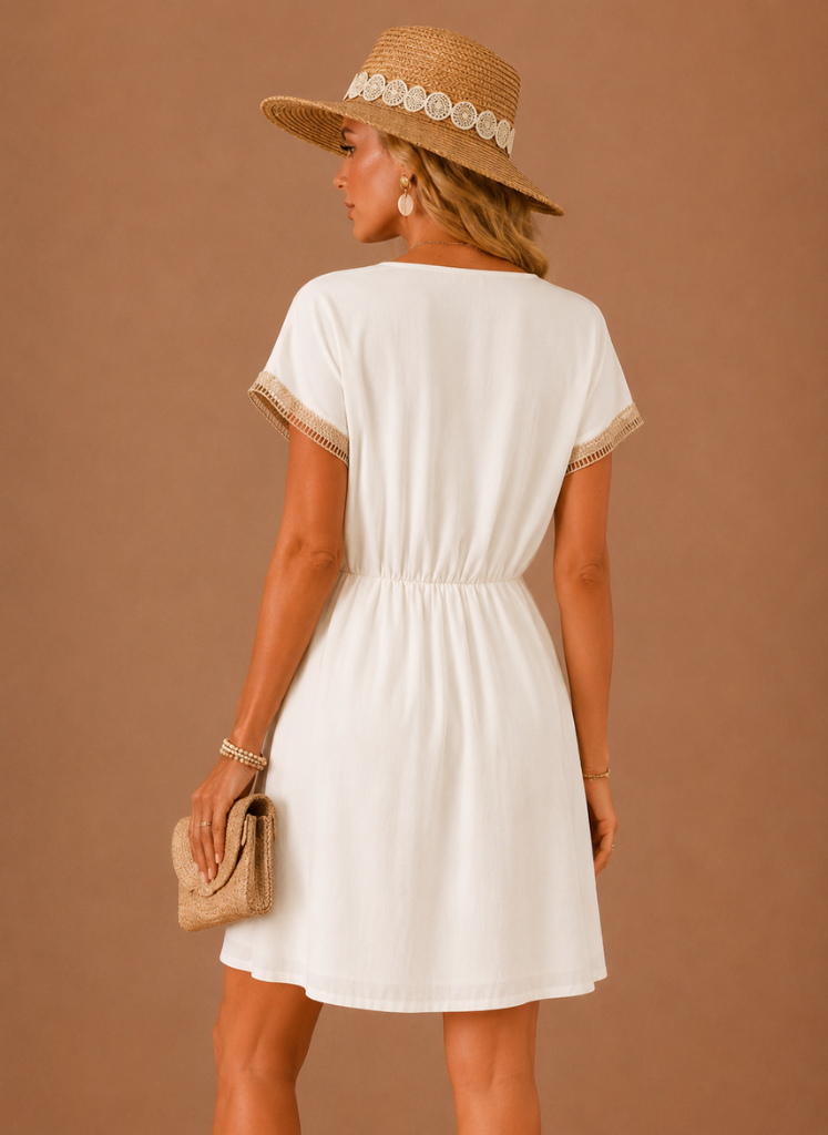 Winnie | Crochet Trim Drawstring Boho Mini Dress