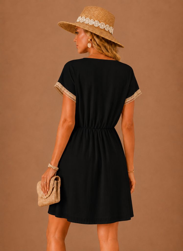 Winnie | Crochet Trim Drawstring Boho Mini Dress