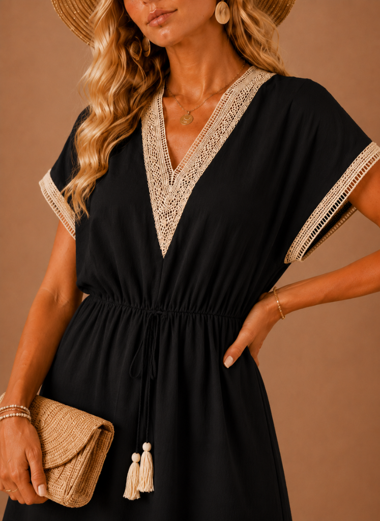 Winnie | Crochet Trim Drawstring Boho Mini Dress