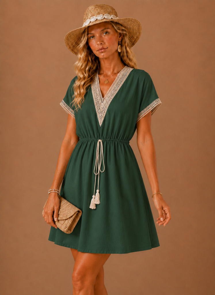 Winnie | Crochet Trim Drawstring Boho Mini Dress