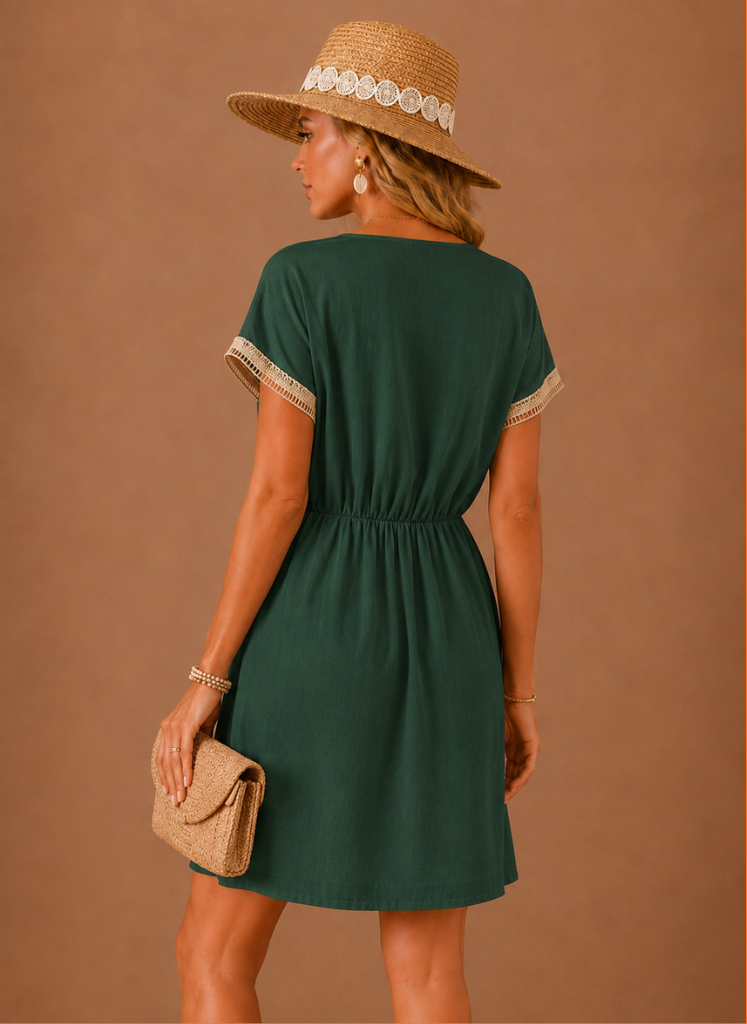 Winnie | Crochet Trim Drawstring Boho Mini Dress