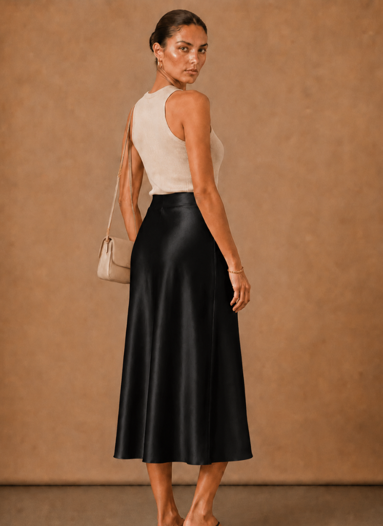 Beatrix | High Waist A-Line Satin-Look Midi Skirt