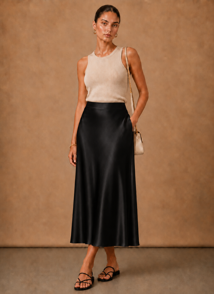 Beatrix | High Waist A-Line Satin-Look Midi Skirt