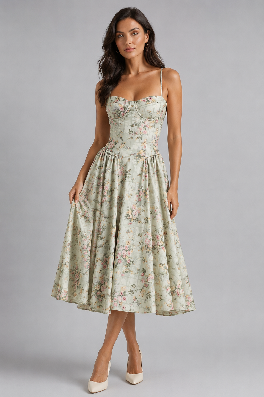 Women's Floral Corset Sweetheart Midi Dress