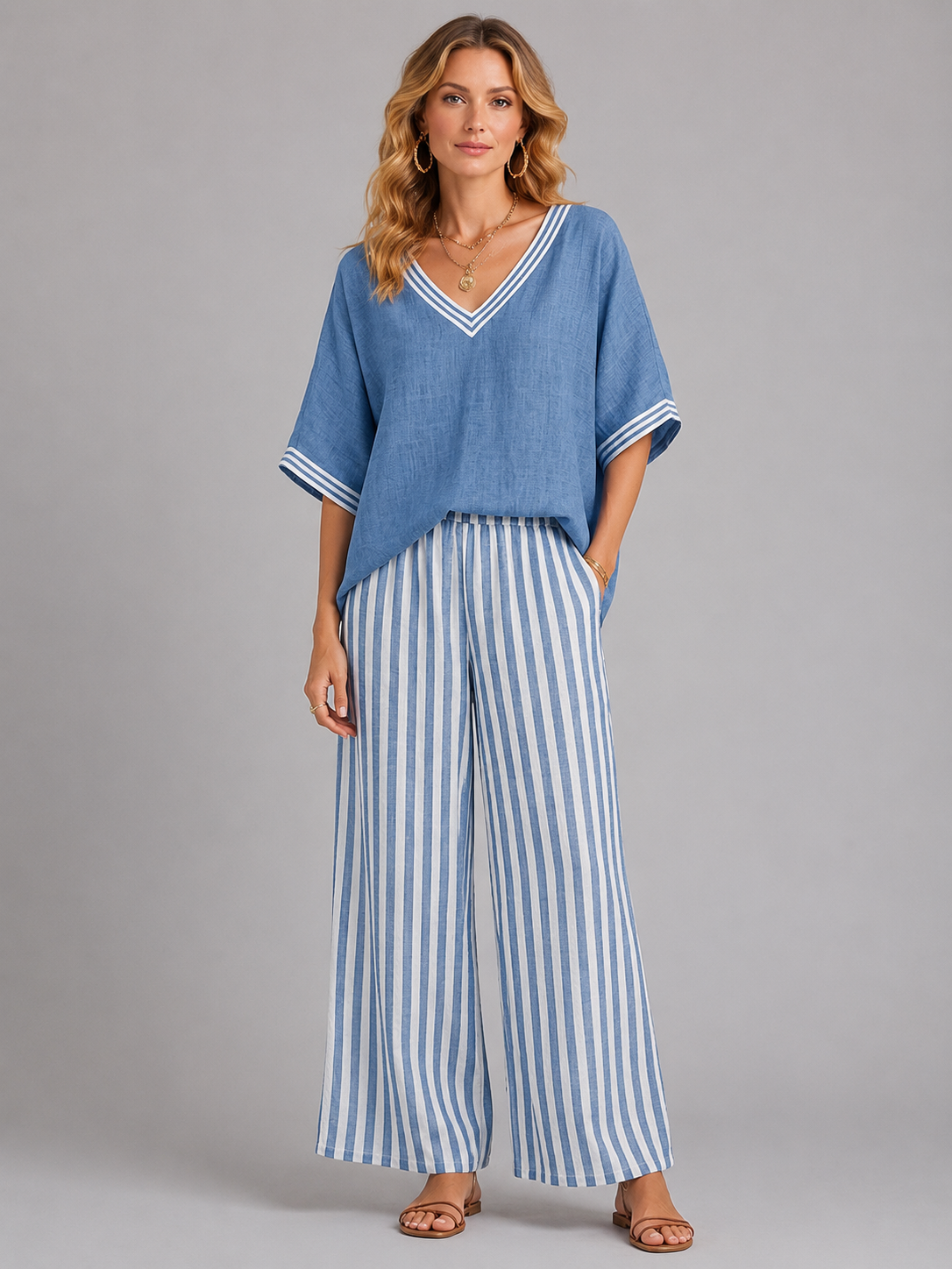 Imogen | Linen-Look V-Neck Wide-Leg Two-Piece Set