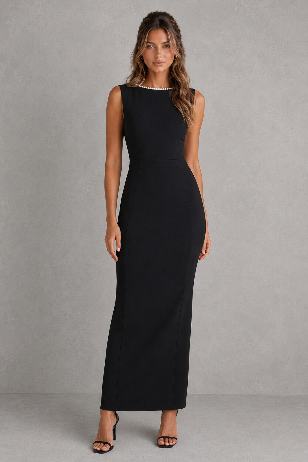 Leonora | Pearl Trim Detachable Bow Column Midi Dress