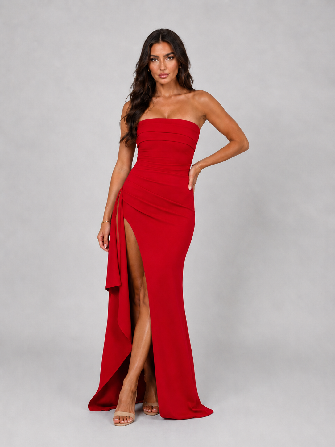 Saskia | Strapless Ruched Thigh-Split Maxi Dress