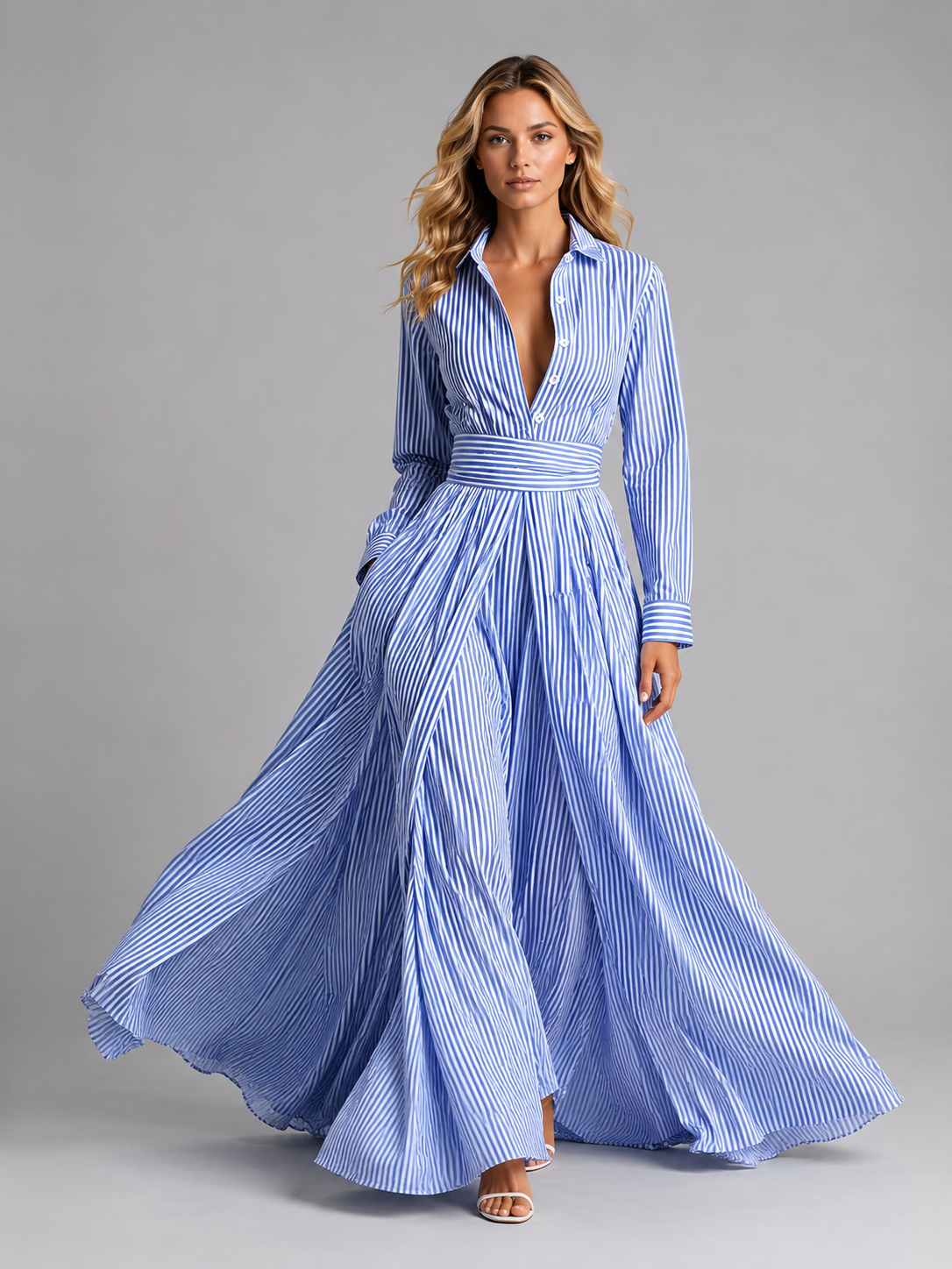 Women's Striped Shirt Cinched Waist Maxi Dress