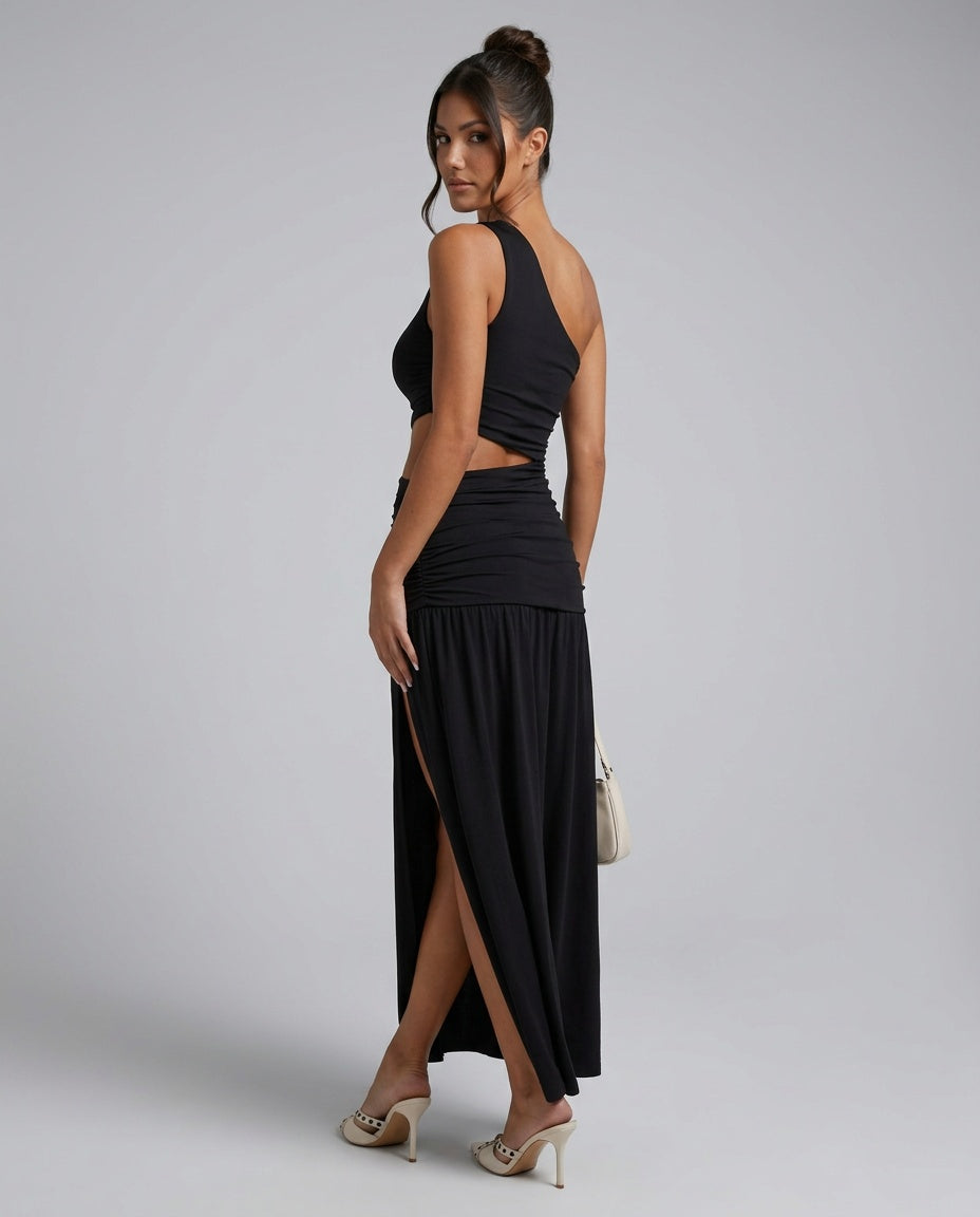 Harlow | Ruched Cut-Out High Split Maxi Dress