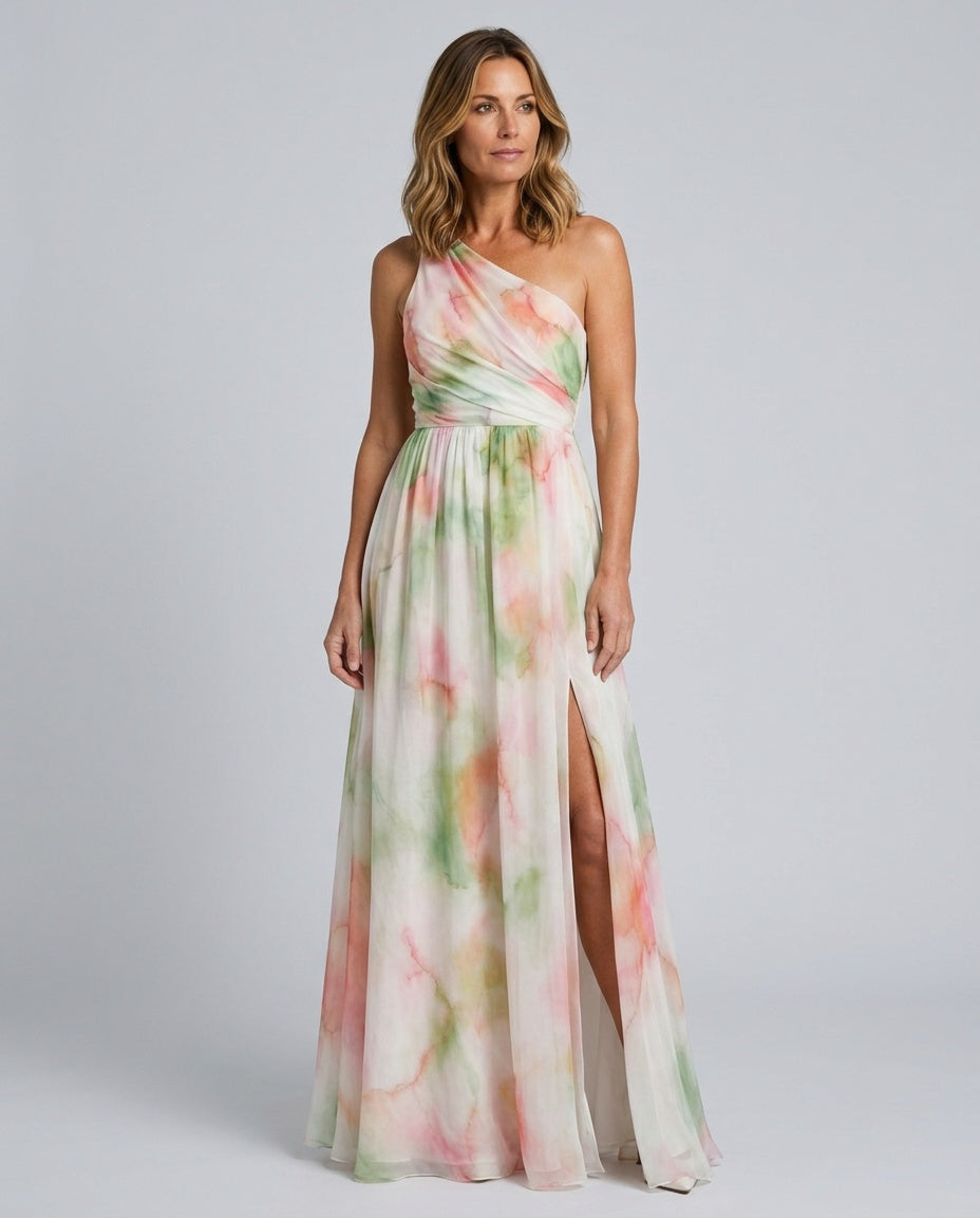 Alba | One-Shoulder Watercolour Flowing Maxi Dress