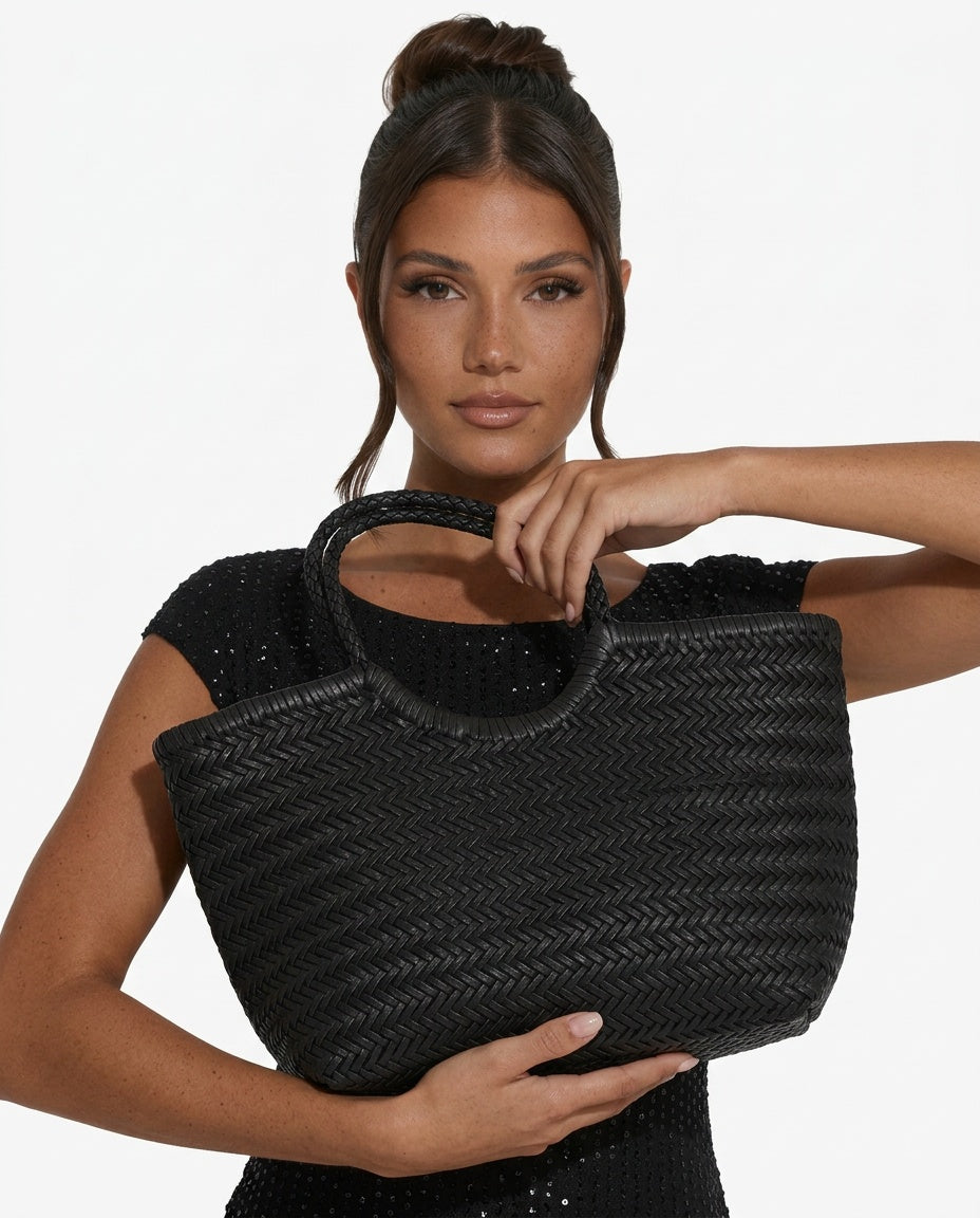 Hand-Woven Vegan Leather Tote Bag with Shoulder Strap
