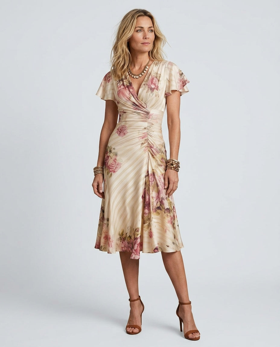 Ximena | Floral Wrap Ruched Midi Dress