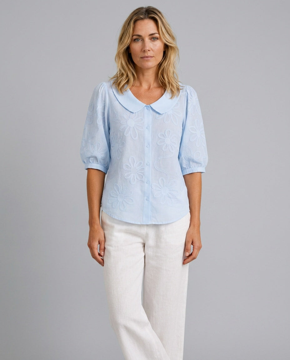 Vera | Floral Embroidered Round Collar Blouse