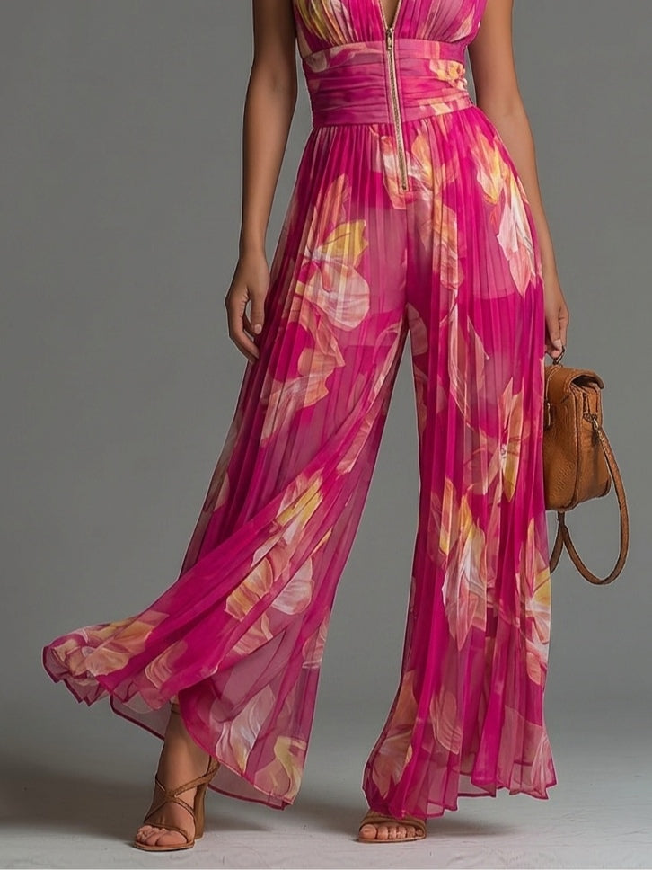 Zsofia | Floral Pleated Chiffon-Look Jumpsuit