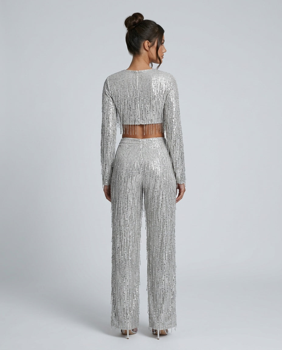 Ada | Sequin Fringe Long Sleeve Crop Top & Wide-Leg Pants Co-ord Set