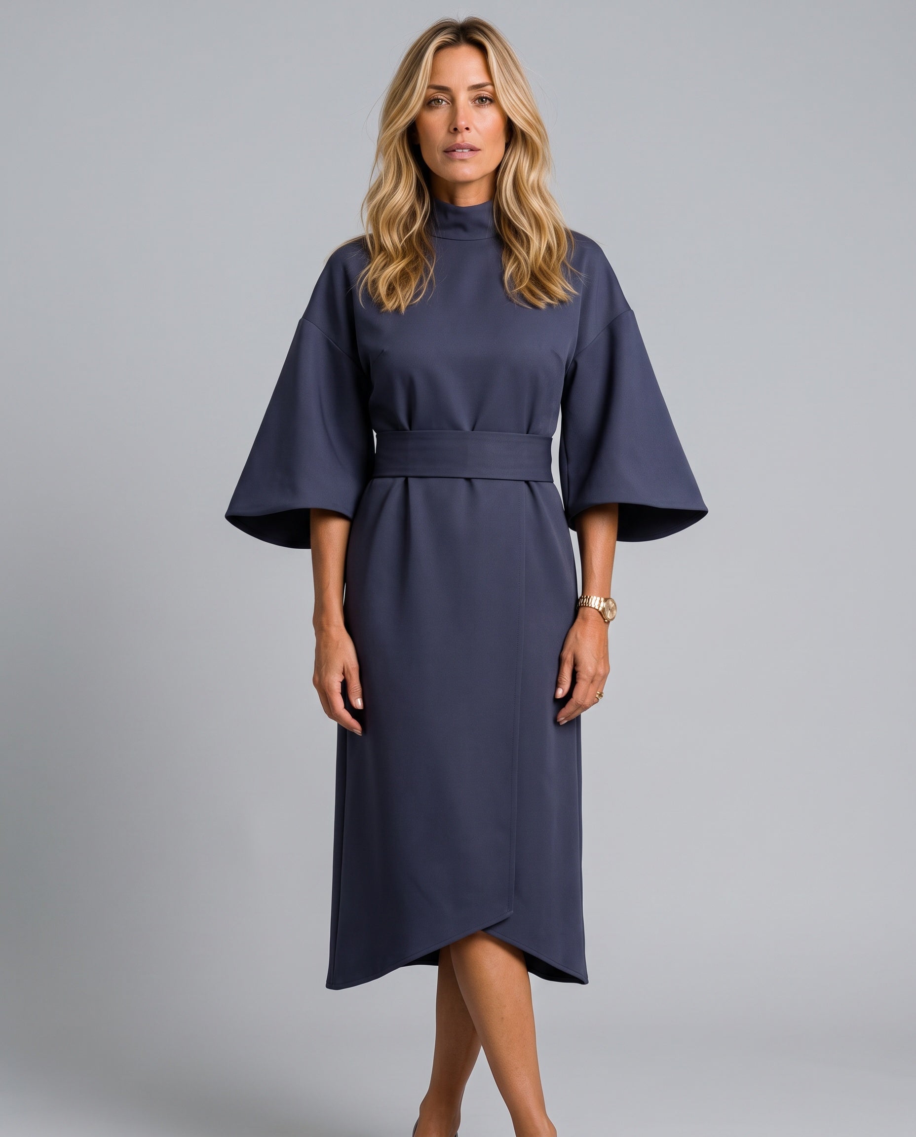 Esme | Wide Sleeve Belted Round Neck Midi Dress