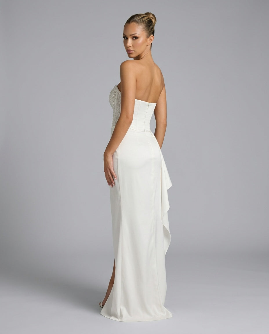 Chloe | Strapless Beaded Corset Satin Maxi Dress