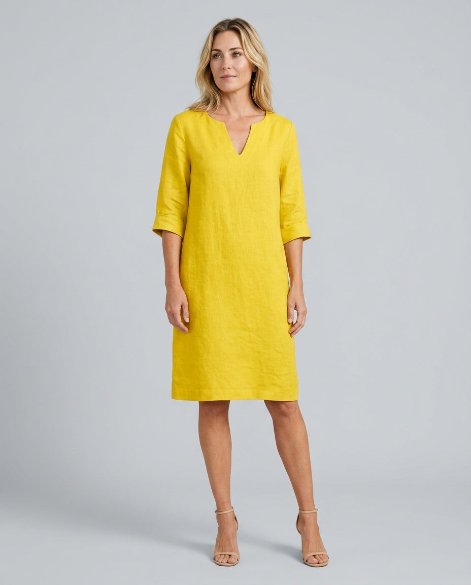 Celeste | V-Neck 3/4 Sleeve Linen-Look Midi Dress