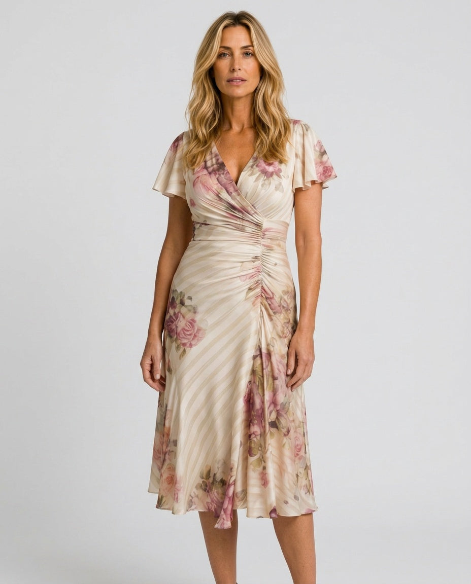 Aurelia | Flutter Sleeve Wrap Floral Stripe Midi Dress