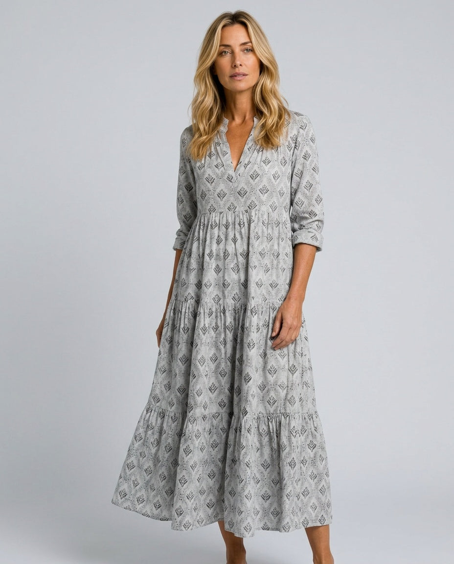 Maeve | Notch Neck Printed Long Sleeve Maxi Dress