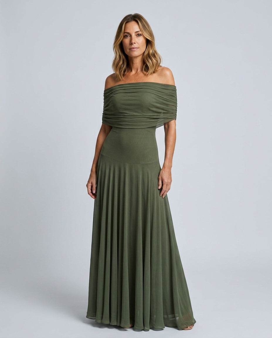 Camille | Off-Shoulder Draped Bodice Flowing Maxi Dress