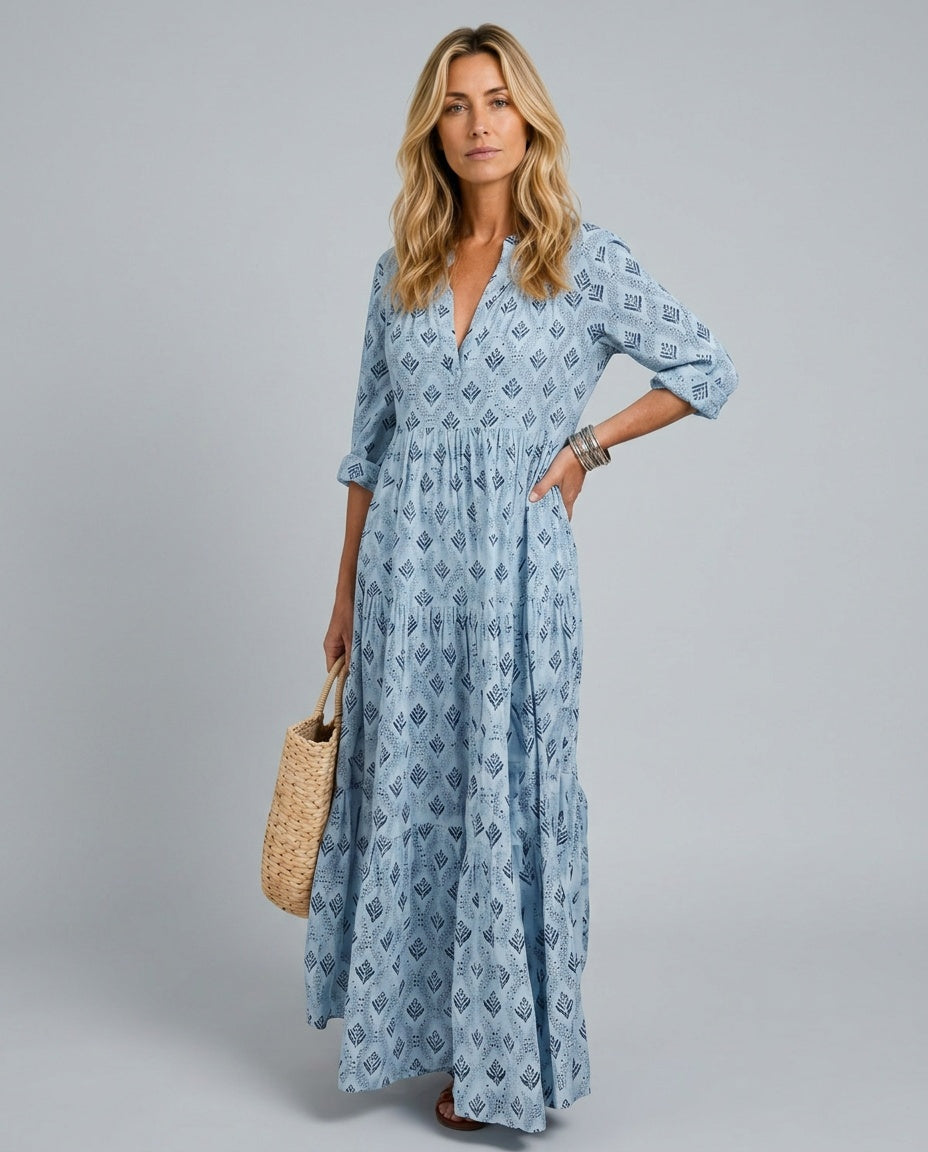 Maeve | Notch Neck Printed Long Sleeve Maxi Dress