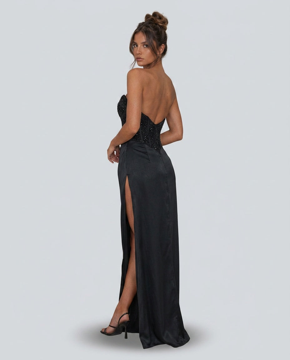 Chloe | Strapless Beaded Corset Satin Maxi Dress