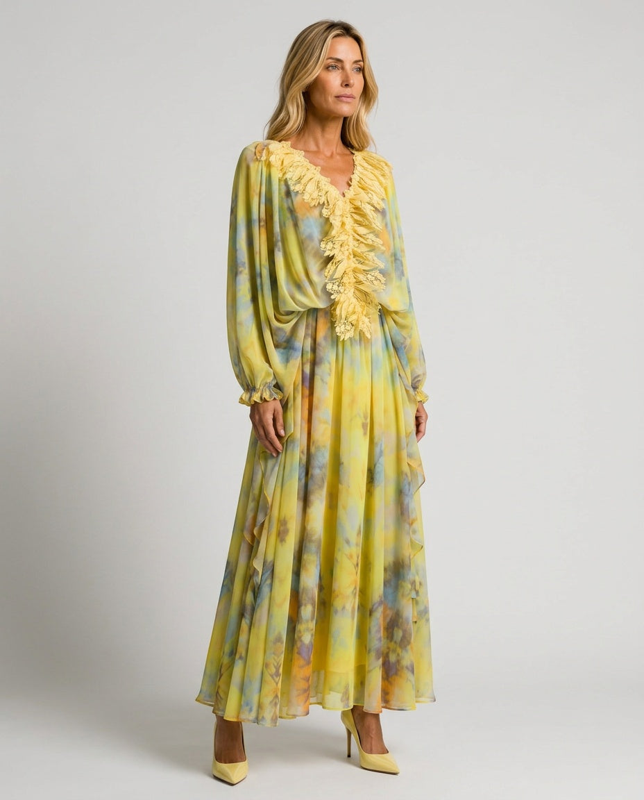 Valentina | Balloon Sleeve Floral Lace Trim Maxi Dress