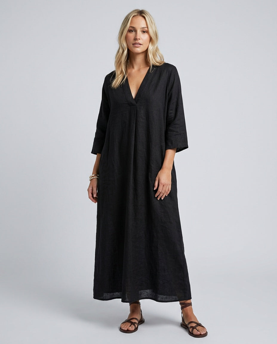 Malena | V-Neck Flowy Linen-Blend Midi Dress