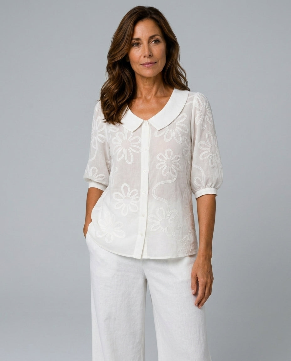 Vera | Floral Embroidered Round Collar Blouse