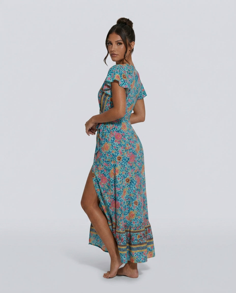 Daniela | Flutter Sleeve Tiered Wrap Maxi Dress